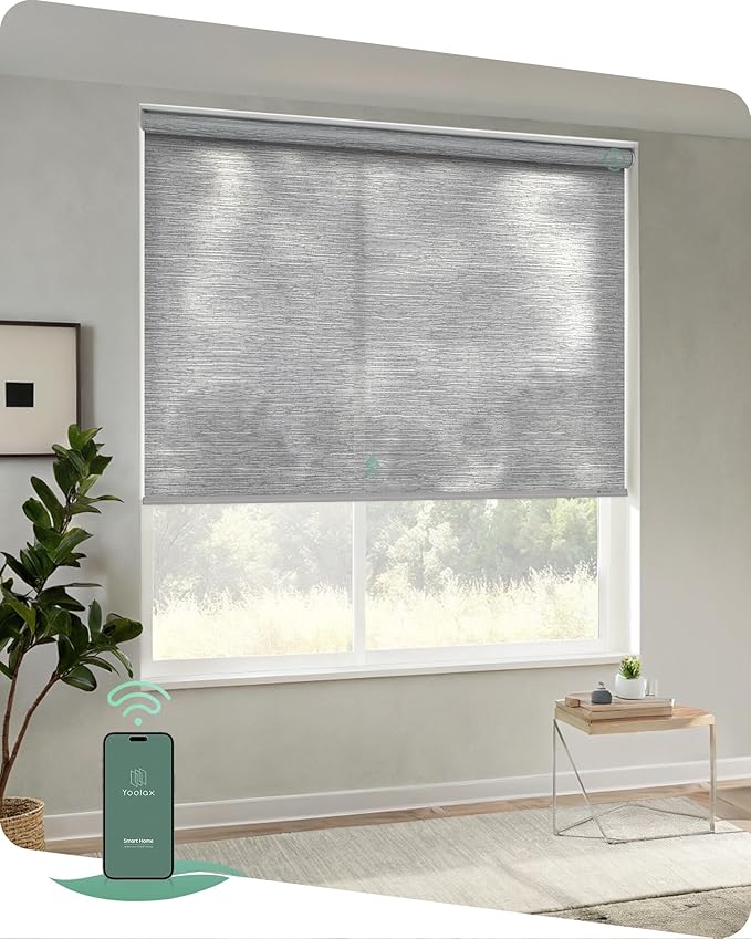 Yoolax Motorized Blinds App Control, Light Filtering Motorized Shades for Windows, Cordless Automatic Roller Shades for Bedroom Living Room Office(Light Filtering Jacquard Gray, 29" W x 72" H)