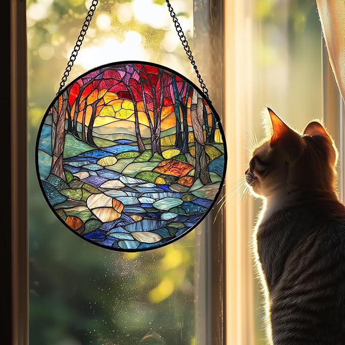 AMDERVEN Stained Glass Window Hanging, Red Tree Abstract Sunset Lake Sun Catcher for Window Home Decor Landscape Suncatcher Mother's Day Birthday Gifts for Women Men Mom and Nana 6.3 in