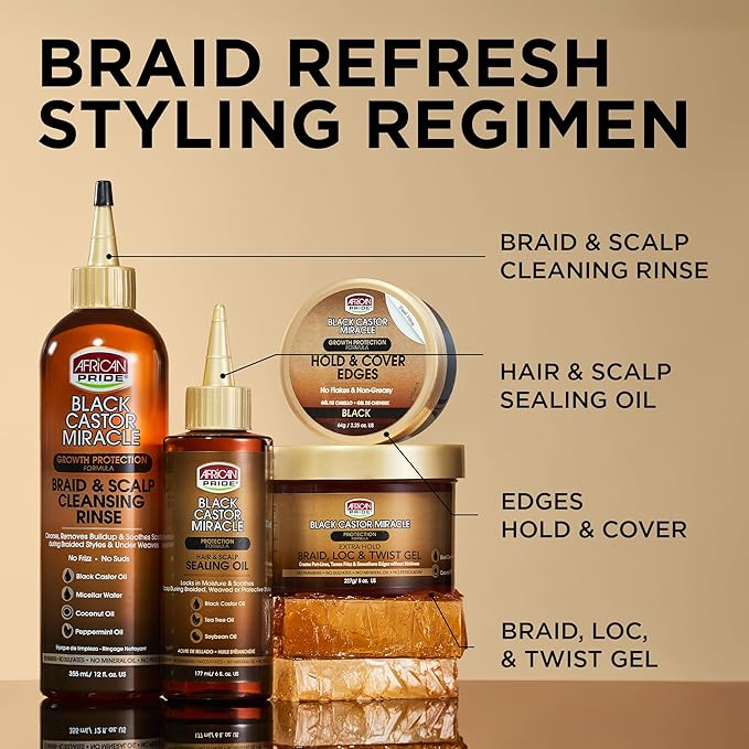 African Pride Black Castor Miracle Extra Hold Braid, Loc, Twist Gel - Extreme Hold Braiding Hair Gel, Edge Control & Tames Frizz, No Flake (Pack of 3) | Natural Ingredients, Coconut Oil | 8oz