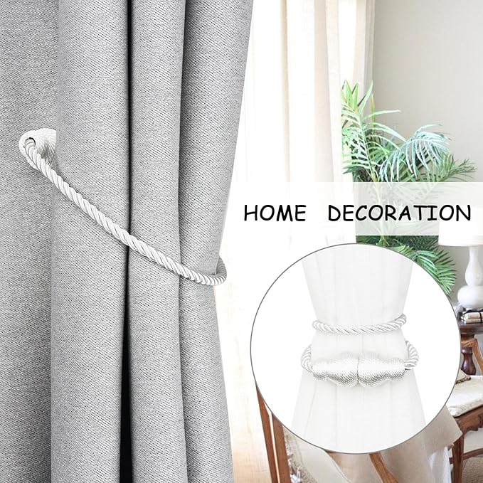 Nieffeiy Magnetic Curtain Tiebacks Outdoor Curtain Tie Backs Rope Decorative Magnetic Curtain Holders for Drapes Window Treatment Holdbacks, White 4Pack