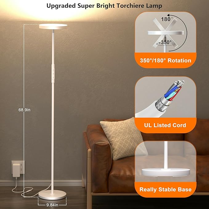 LED Floor Lamp, 3600LM Bright Standing Lamp 350W Equivalent with 2700K-6500K Stepless Dimming, Modern Torchiere Room Lamp with Remote/Touch Control, 69" Tall Lamp for Living Room Bedroom Office(White)