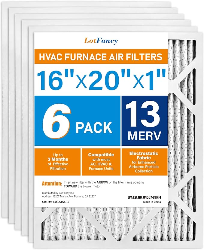 LotFancy 16x20x1 Air Filter MERV 13 6-Pack, Electrostatic Pleated HVAC Furnace by LotFancy