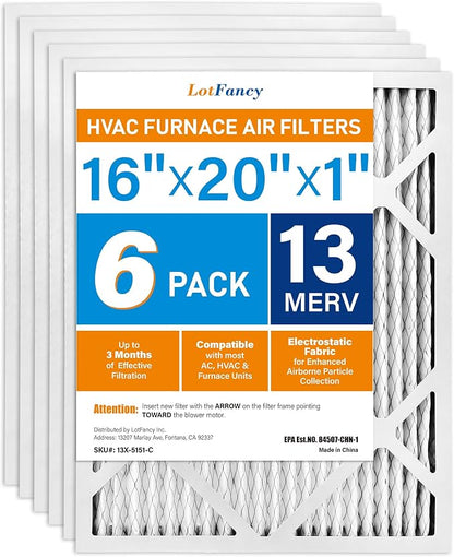 LotFancy 16x20x1 Air Filter MERV 13 6-Pack, Electrostatic Pleated HVAC Furnace by LotFancy