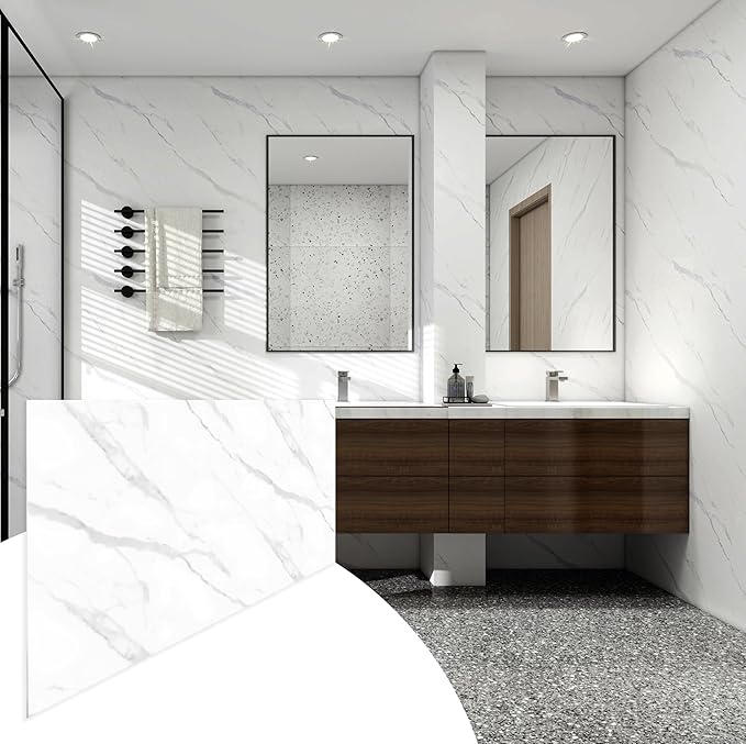 Dundee Deco Faux Marble Wall Panels - Sample - Glossy, Waterproof Indoor Wall Cladding - Off-White, Grey Veins - Sample 6" x 6"