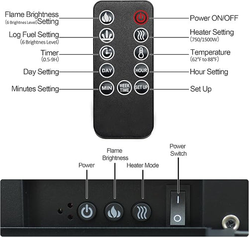 24.5" Electric Fireplace Inserts, Adjustable Brightness, Thermostat&Timer, Overheating Protection, 750/1500W