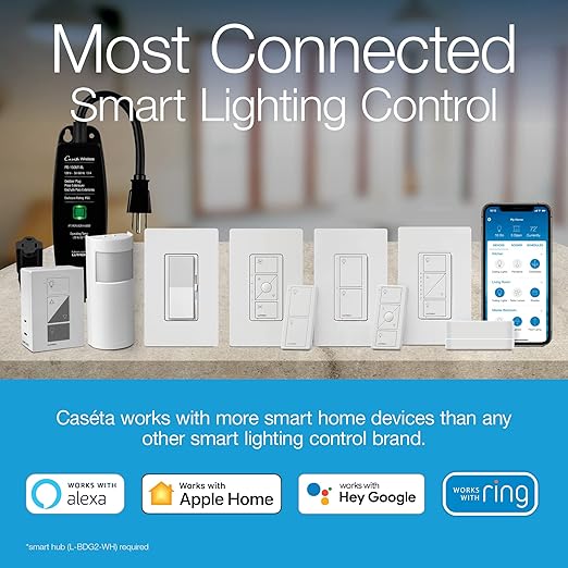 Lutron Claro Smart Switch for Caseta Lighting, for LED Lights, Fans, 5 Amp, Single-Pole/3-Way, Neutral Required, DVRF-5NSS-WH-6, White, 6 Pack