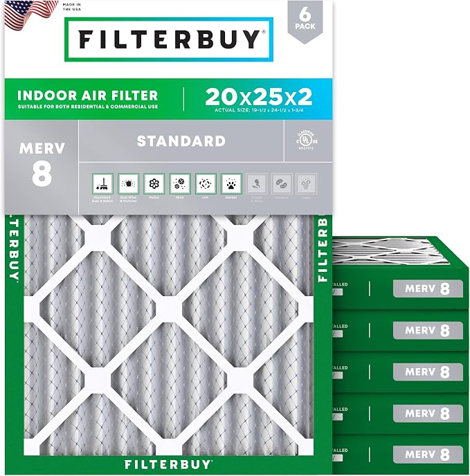 Filterbuy 20x25x2 Air Filter MERV 8 Essential Dust & Allergy Defense, by Filterbuy