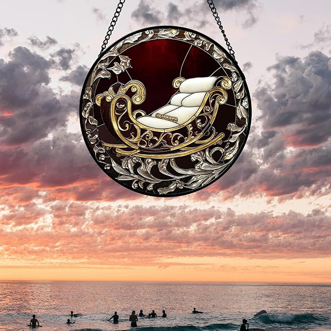 AMDERVEN Stained Glass Window Hanging 4 Pcs Set Christmas Golden Bell Sleigh Large 11.8" - Suncatcher Door Garden Sun Catcher Decor Birthday Mother's Day Xmas Gifts for Mom Woman Nana Men Parents