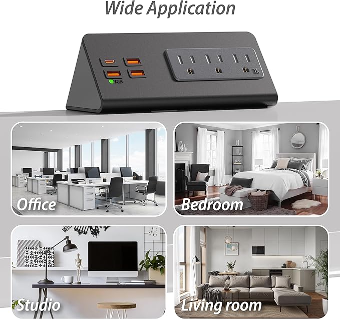 Upgraded Version Edge Mount Power Strip with USB-C Ports Tabletop Surge Protector Desk Clamp Power Sockets with 3 AC Outlets &4 Fast Charging USB Ports for Home Office Hotel Dormitory (White- 1pack)