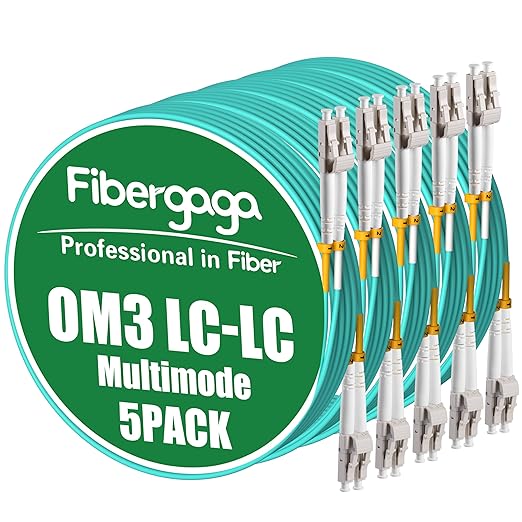 Fibergaga 5Pack-10M(33ft) OM3 LC to LC Fiber Patch Cable, Multimode 50/125µm 10G/40G, OD-2.0mm Fiber Optic Cable Duplex