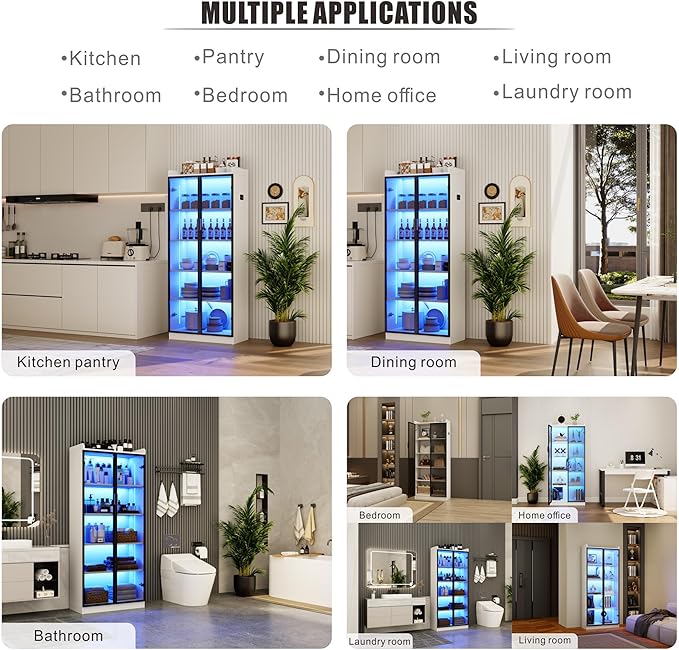 Dystler Display Cabinet with Doors and Adjustable Shelves, 65" Tall Bookcase with LED Lights/Human Sensor, 5 Tier Display Case for Collectibles Bedroom Living Room Office, White