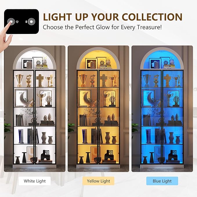 Dystler Display Cabinet with Doors and Adjustable Shelves, 76" Tall Display Case with LED Lights/Arch Storage Space, 6 Tier Bookcase for Collectibles Bedroom Living Room Office, White
