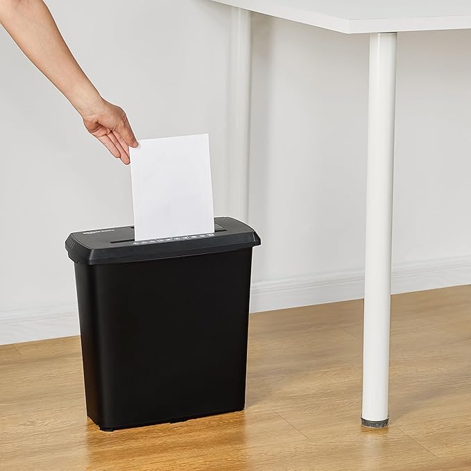 Amazon Basics Paper Shredder for Home and Office, 8-Sheet Strip Cut, CD/ Credit Card Shredder, 3.4 Gallon Wastebasket , Black