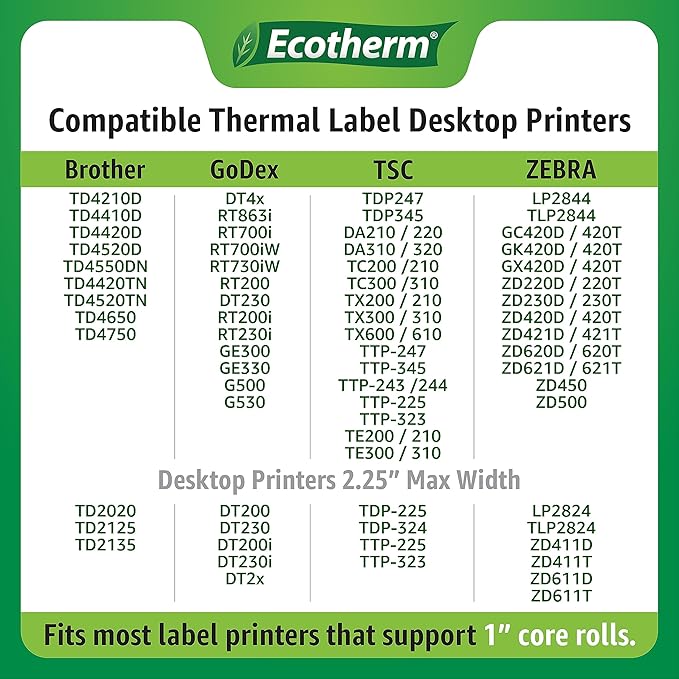 3.5" x 1" Thermal Labels | 4 Rolls | 5360 Labels | fits Zebra, Munbyn, Rollo, Godex, Arkscan, iDPRT, Offnova Thermal Label Printers and More | Blank White Adhesive Stickers by Ecotherm