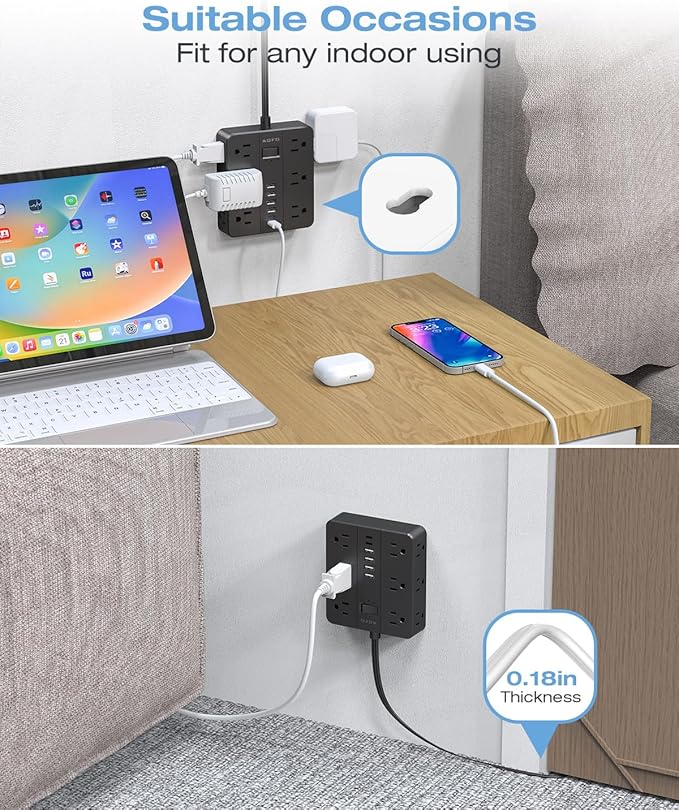 AOFO 25FT Surge Protector Power Strip,12 AC Outlets with 6 USB Ports (2 USB-C), Flat Plug Extension Cord with Multiple Outlets, Wall Mount for Home Office,Dorm, Black