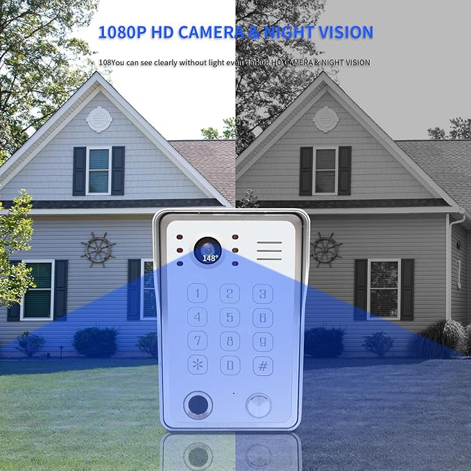 Wired Video Door Phone Kit Apartment Intercom System,10 Inch Touch Screen Monitor(Silver)with 1080P HD Doorbell Camera,Supporting Motion Detecting 5 in 1 Unlcking (1 Doorbell + 1 Monitor)
