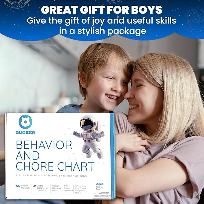 QUOKKA Magnetic Behavior Chore Chart for Kids at Home - Blue Reward Visual Schedule Chart - Dry and Erase Routine and Responsibility - Use 99 Magnets Markers Stickers - from Toddlers to Teens