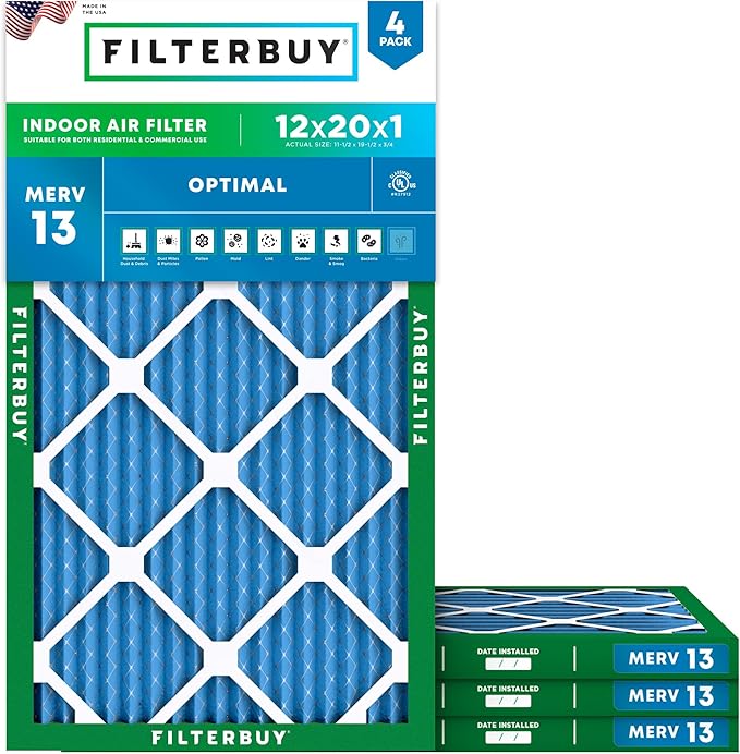 Filterbuy 12x20x1 Air Filter MERV 13 Optimal Smoke & Allergy Defense, by Filterbuy