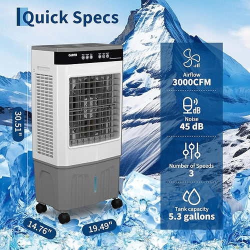 3000 CFM Portable Cooler Fan with Remote & Timer, 5.3 Gal Water Tank, 3 Speeds, 120° Oscillation, Auto-Swing Louvers & 3-Side Cooling Pads, Blows Cold Air for Home Office Workshop Garage