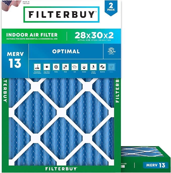 Filterbuy 28x30x2 Air Filter MERV 13 Optimal Smoke & Allergy Defense, by Filterbuy
