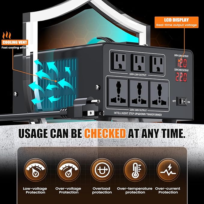3000W Voltage Converter Transformer Step Up 110V/120V to220V/240V or Step Down 220V to 110V AC Power Converte, Circuit Breaker Protection, 3 US sockets, 3 Universal sockets, LCD Display
