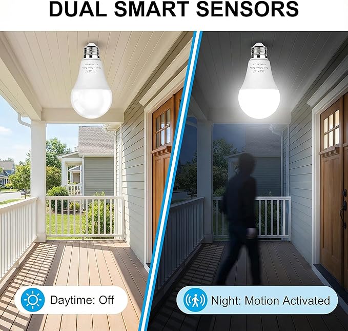TSEXES Motion Sensor Light Bulbs, 12W (100Watt Equivalent), Motion Activated Dusk to Dawn Security LED Bulb, 3000K Soft White for Outdoor & Indoor,Porch, Stairs, Hallway, 4-Pack