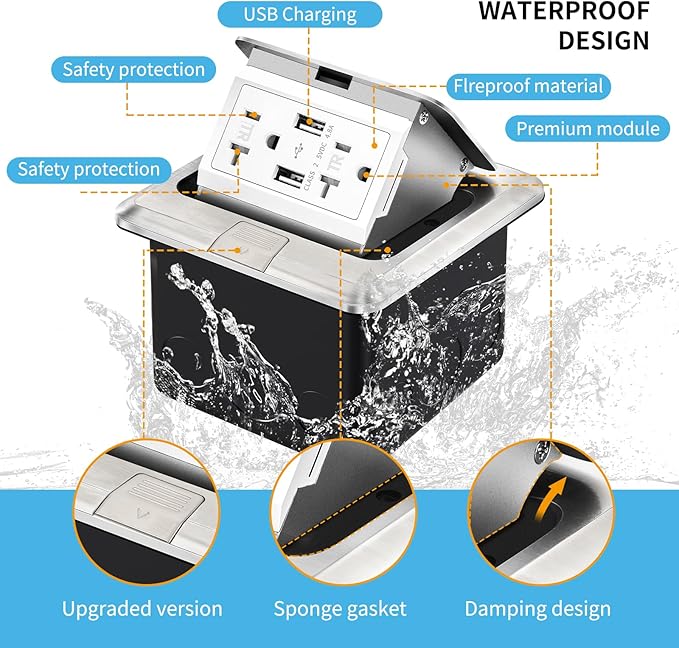 Vagueior Recessed Floor Electrical Outlet Kit,Waterproof Electrical Outlet Covcer Box,Hidden 4.8A USB+20A Tamper-Resistant Receptacle Outlet with Slow Damping ，ETL Certified,Stainless Steel(1 Pack)