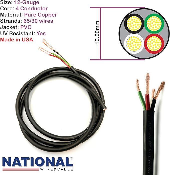 NATIONAL Wire & Cable – 12 AWG 4-Conductor Premium Copper Wire, 1000 ft, Stranded | Made in USA, Heavy-Duty Flexible Jacket | Automotive, Solar, Home, RV, Indoor and Outdoor Use