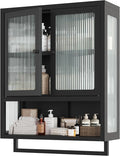 Bathroom Wall Cabinet, Over The Toilet Space Saver Storage Cabinet, Medicine Cabinet with 2 Glass Door and Towel Bar, Metal Wall Mounted Cabinet for Bathroom Laundry Room Kitchen