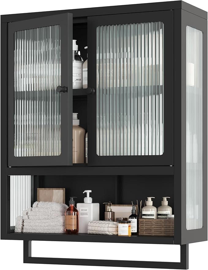 Bathroom Wall Cabinet, Over The Toilet Space Saver Storage Cabinet, Medicine Cabinet with 2 Glass Door and Towel Bar, Metal Wall Mounted Cabinet for Bathroom Laundry Room Kitchen