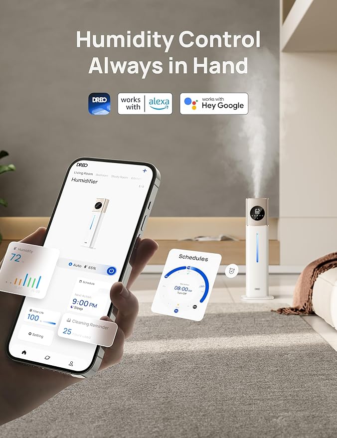 DREO HM735S 11L Smart Humidifier Large Room 700 ft², 100H Cool Mist Air Humidifiers for Bedroom, Top-Fill, Clean Tank Technology, 26dB, Auto Mode, Aroma Box, RGB, Remote & APP Control, Baby, Starlight