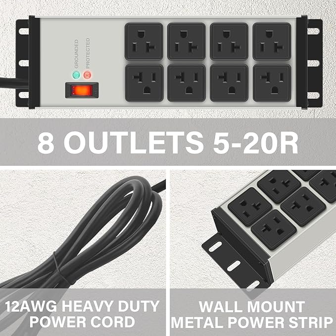 CCCEI 2PCS Heavy Duty Power Strip Surge Protector 20 AMP, 8 Outlets 12 Gauge Shop Garage Metal Multiple Outlets, 4 FT Extension Cord 5-15P Adapter High Amp 6-20R T-Slot 20a for Appliance Grey.