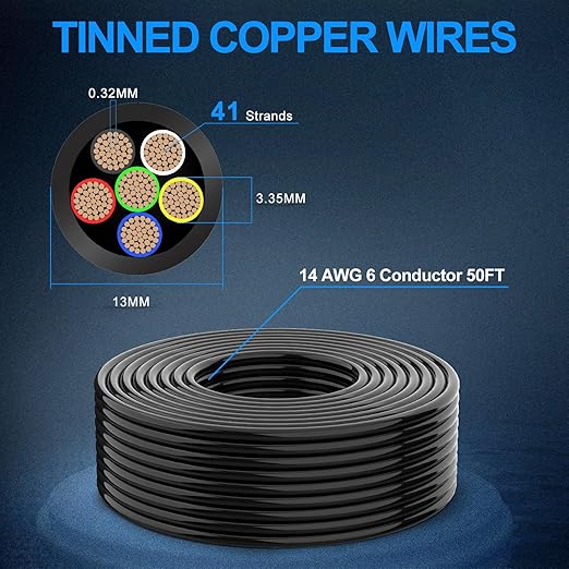 NAOEVO 14 Gauge Wire 6 Conductor Electrical Wire, 14 AWG Stranded PVC Cord, 12V Low Voltage/Tinned Copper/Flexible Cable for Automotive Wiring, Lamp Cord, Marine Cable (50FT)