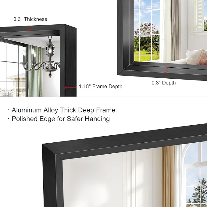 Bathroom Mirrors for Over Sink, 36 x 20 Inch Brushed Black Rectangle Mirror, 0.6" Thickened Deep Frame Wall Mirror, Shatterproof Tempered Glass, Antirust, Horizontally or Vertically