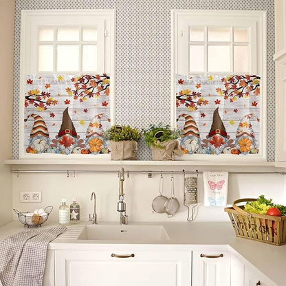 Fall Gnomes Kitchen Curtain Set, Thanksgiving Maple Leaf Grey Wood Grain Window - Image 4