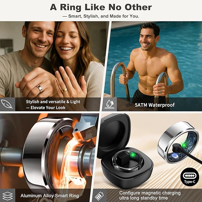 Smart Ring for Women Men, Fashion Minimalist Fitness Ring & Sleep Tracker Ring with Heart Rate, Blood Pressure, Waterproof Health Ring, Birthday Gift for Women Men, No Subscription (Size 9, Silver)