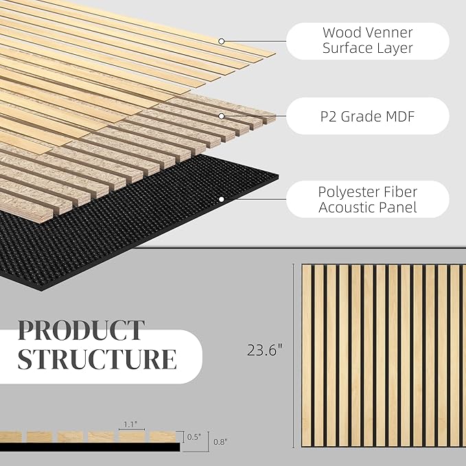 HOMCOM 4 Pack 3D Acoustic Panels, 24" x 24" Soundproof Wood Panels for Wall, Wood Slat Wall Paneling for Interior Ceiling, Office, Home Theater, Studio, Oak