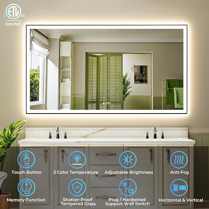 YEELAIT 72x40 Inch LED Bathroom Mirror with Lights (Front Lit and Backlit) Black Framed Lighted Vanity Mirror for Bathroom Wall Dimmable Anti-Fog Memory Tempered Glass Horizontal/Vertical