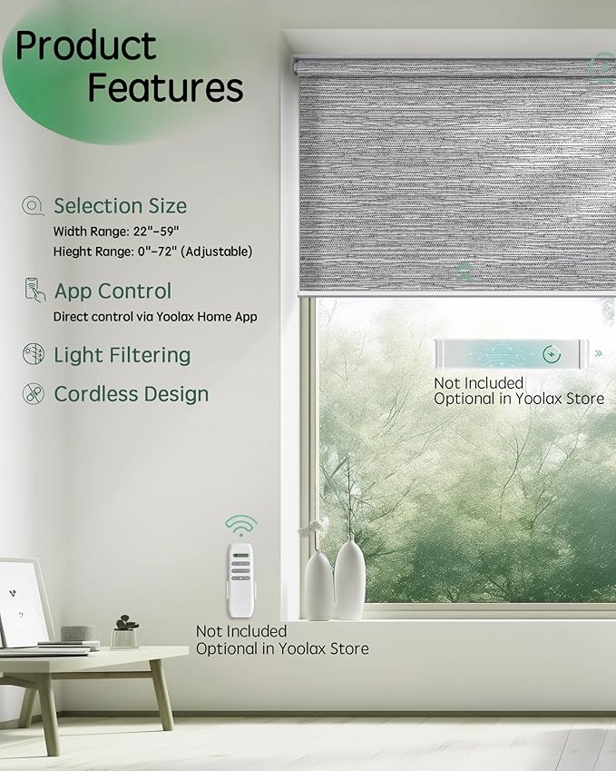 Yoolax Motorized Blinds App Control, Light Filtering Motorized Shades for Windows, Cordless Automatic Roller Shades for Bedroom Living Room Office(Light Filtering Jacquard Gray, 46" W x 72" H)