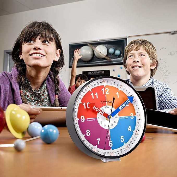 OSTAR Telling Time Teaching Wall Clock, Analog Silent Learning Clock for Kids Room Decor Battery Operated
