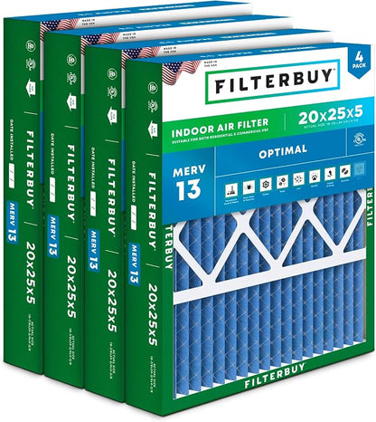 Filterbuy 20x25x5 Air Filter MERV 13 Optimal Smoke & Allergy Defense, Pleated by Filterbuy