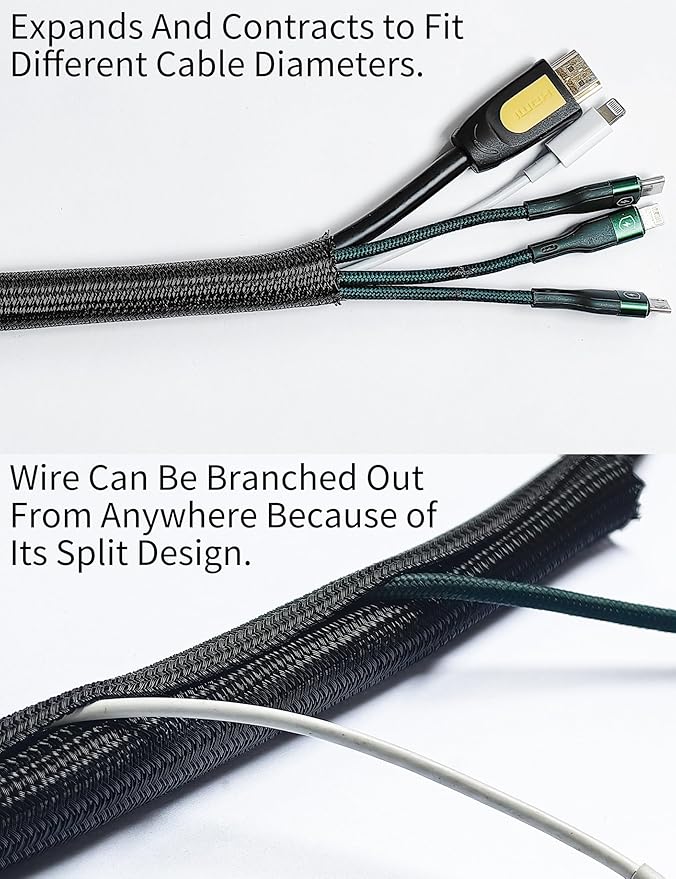 Cable Management Split Wire Loom Sleeve - Cord Hider & Protector for Desk, Pet Chew Proof, Wire Cover Organizer, Flexible Tube for Wires and Cables (1/2 Inch 50FT, Black)