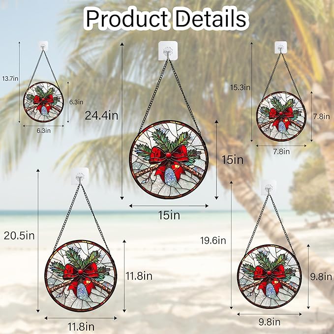 DASTOLL Stained Glass Window Hanging - Pine Branches Red Bow Suncatcher for Doors Home Christmas Decoration Silver Sun Catcher Thanksgiving New Year Birthday Gifts for Women Men Mom Nana 11.8 in