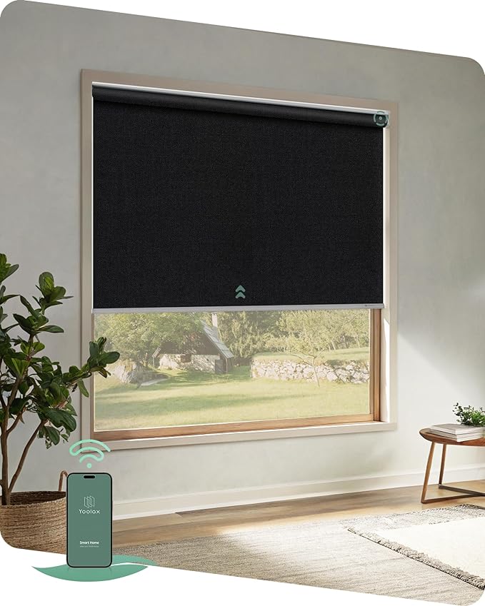 Yoolax Motorized Blinds App Control, Blackout Roller Shades for Windows, Cordless Automatic Shades Roller Window Blinds for Bedroom Living Room Office (Blackout Apex Black, 40" W x 72" H)
