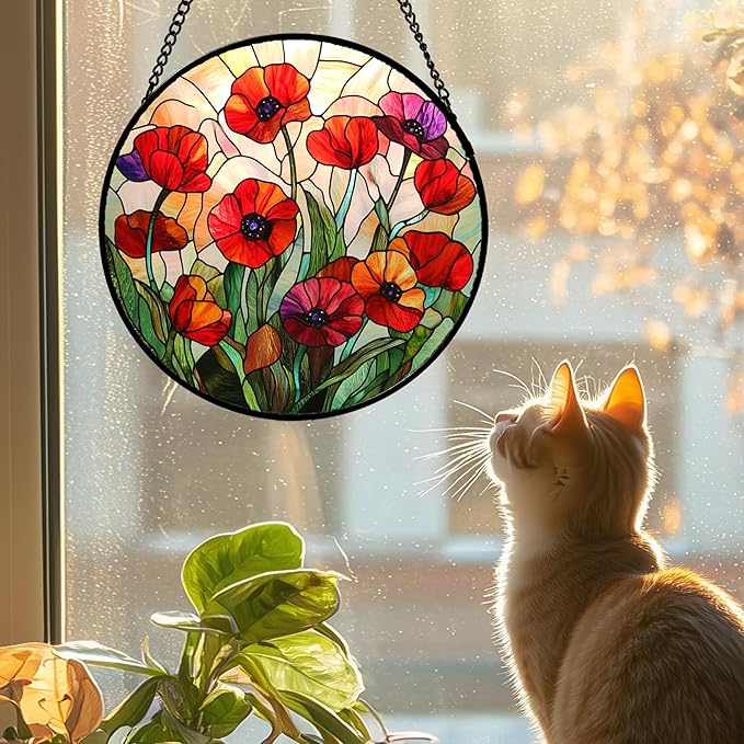 CRISGIF Stained Glass Window Hanging - Poppy Birth Flowers Suncatcher for Door Garden Yard Wildflowers Sun Catchers Decor Christmas Mother's Day Birthday Gifts for Women Mom Nana Friend 6.3 in