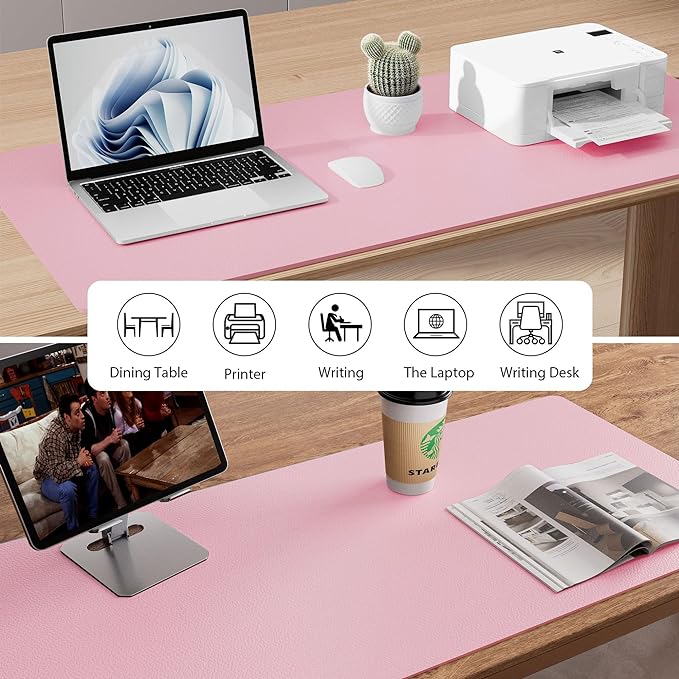 Aothia Leather Desk Pad Protector, Office Desk Mat, Large Mouse Pad, Non-Slip PU Leather Desk Blotter, Laptop Desk Pad, Waterproof Desk Writing Pad for Office and Home (48"x17", Fairy Pink)