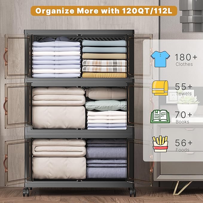 Extra Large Stackable Storage Bins with Lids & Wheels, 330QT-55QT/14GAL*6Pack Foldable Collapsible Closet Organizers Dark Storage Cabinet with Doors for Bedroom Dorm