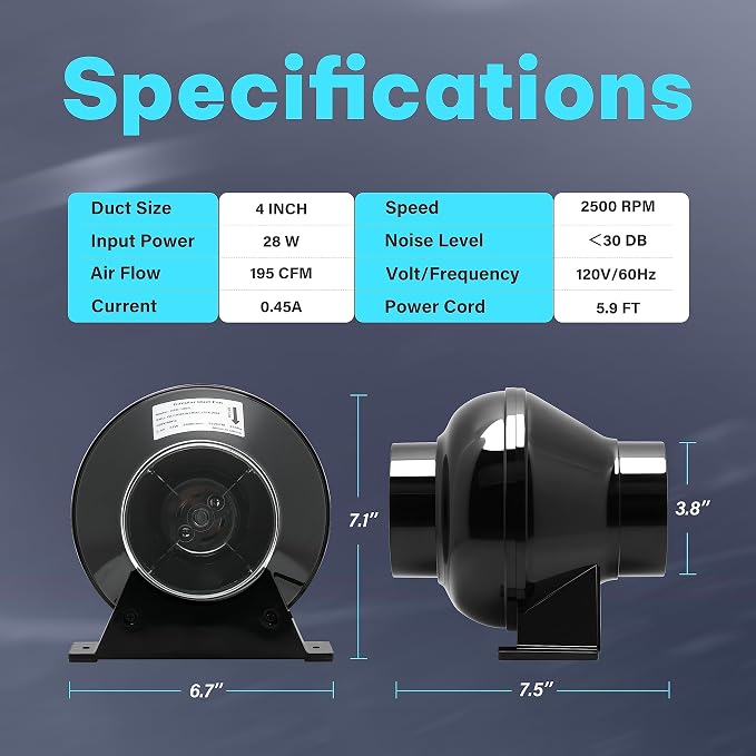 iPower 4 Inch 195 CFM Inline Duct Grow Tent Air Vent Exhaust Booster Blower - Image 3