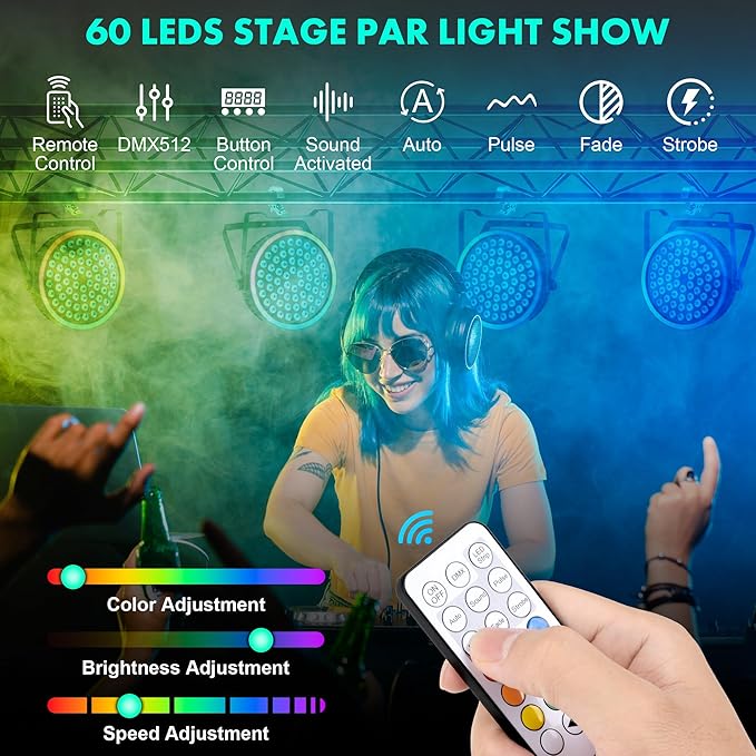 Sklydron RGB Stage Par Can Light with Light Strip-90W LED Stage Lighting with Remote,DMX512 Sound Activated & Auto Strobe Jump Modes Uplights for Bands Events Church Wedding DJ Party & Stage Show
