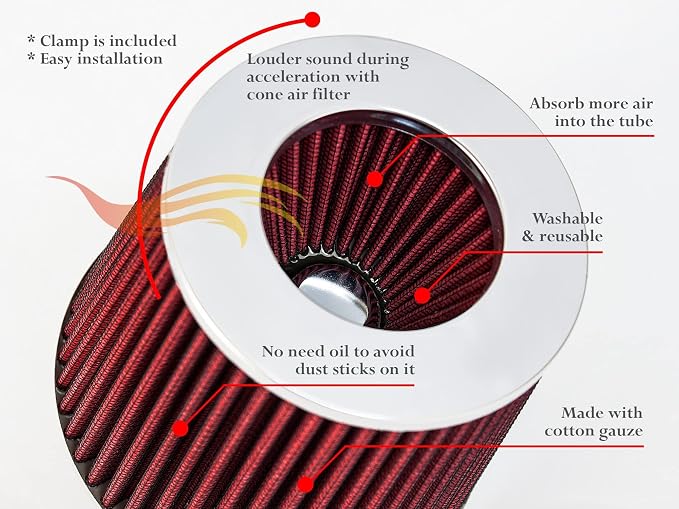 RED 3.5" 89 mm Inlet Truck Air Cone Replacement Performance Washable Clamp-On - Image 5
